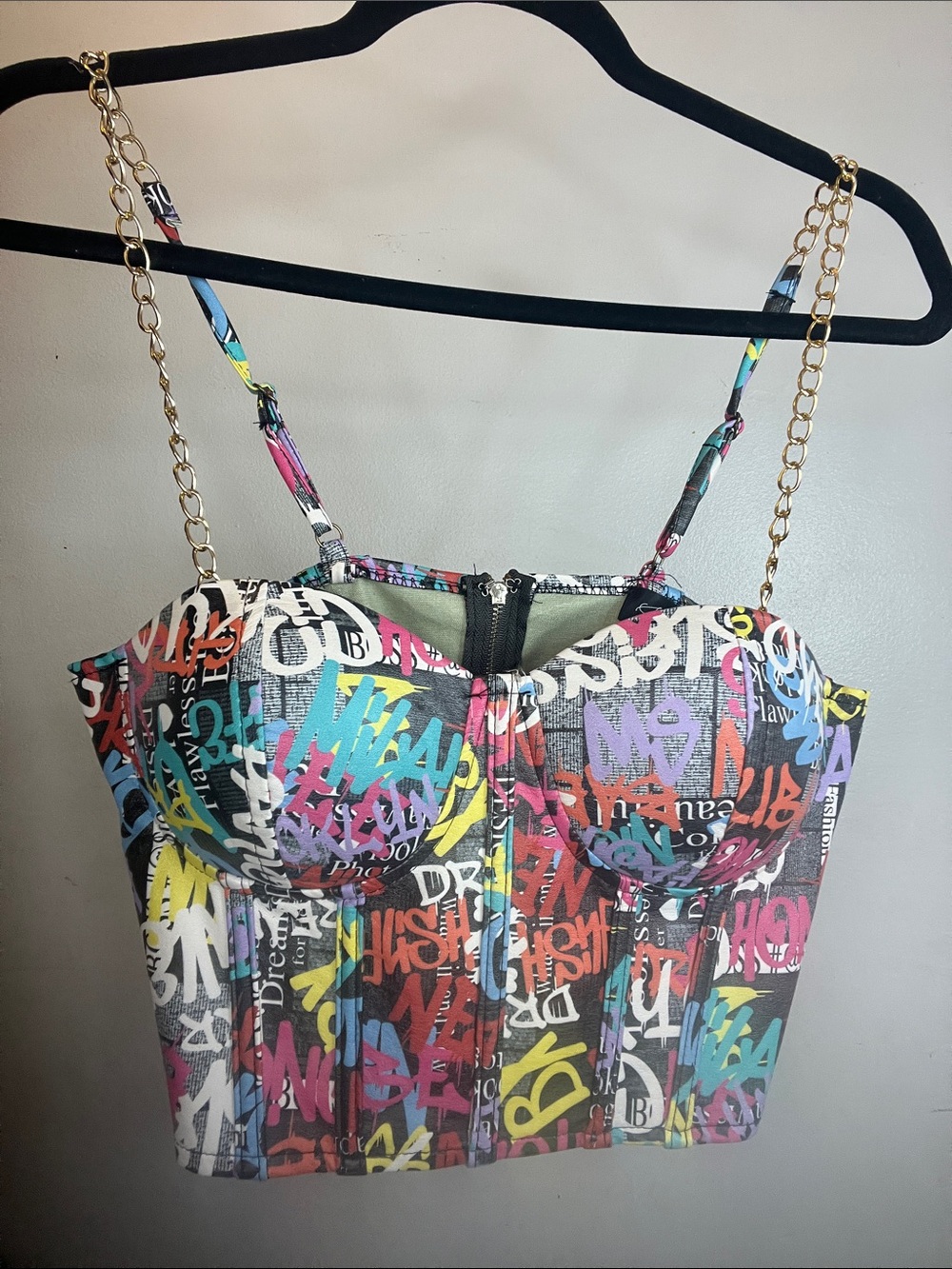 Graffiti Print Bustier Crop Corset with Gold Chain Straps